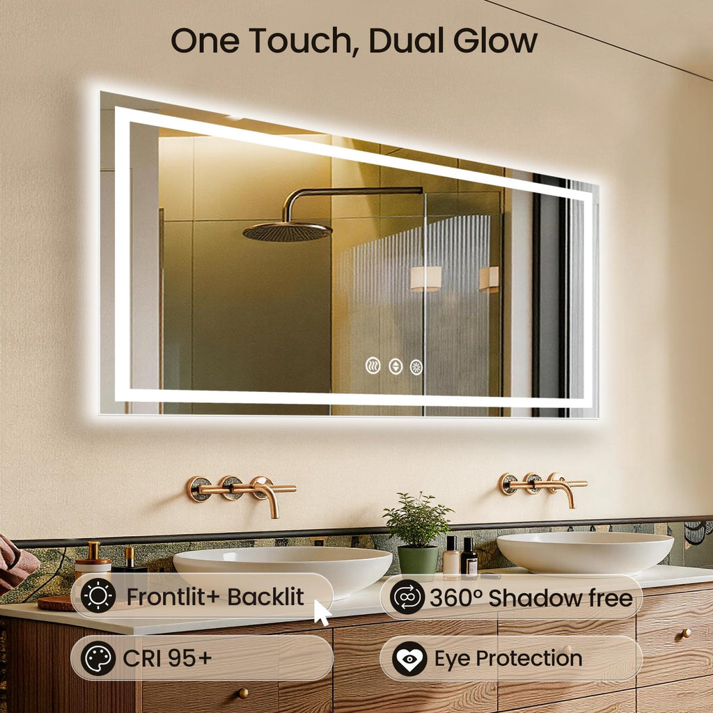 60"x30" LED Bathroom Mirror with Anti-Fog, Backlit & Front Lights, Memory