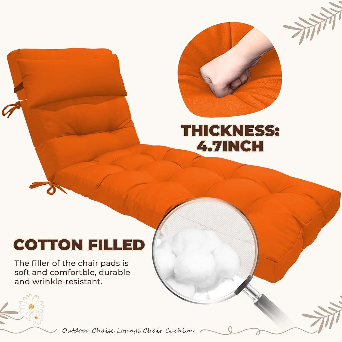Waterproof Lounge Chair Cushion Outdoor for Chairs, Fade Resistant Chaise Lounger Replacement Cushions with 6 Ties