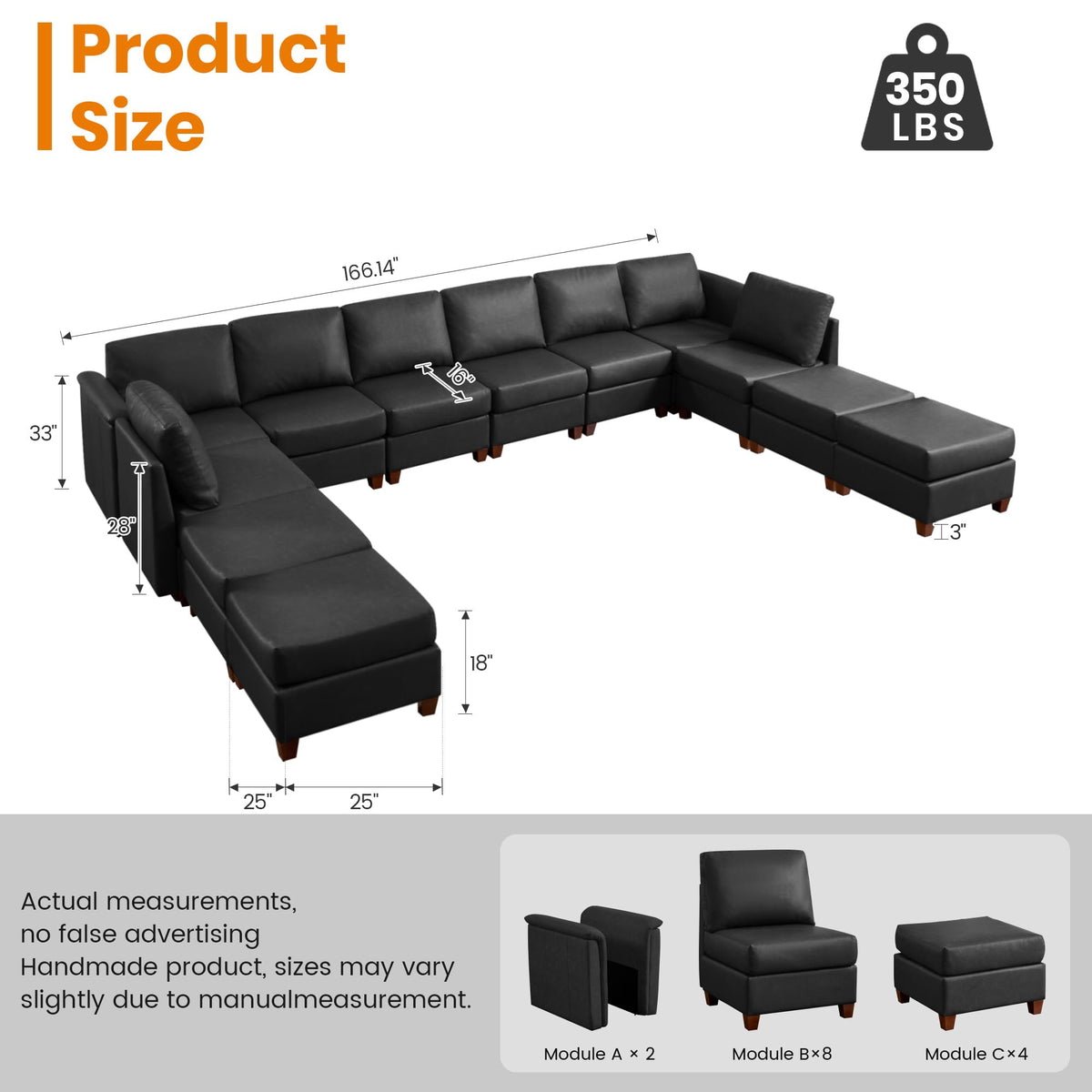 166" Modern Sectional Sofa, Faux Leather Modular Sectional Couchs with Storage Waterproof Convertible U/L Shaped Wide