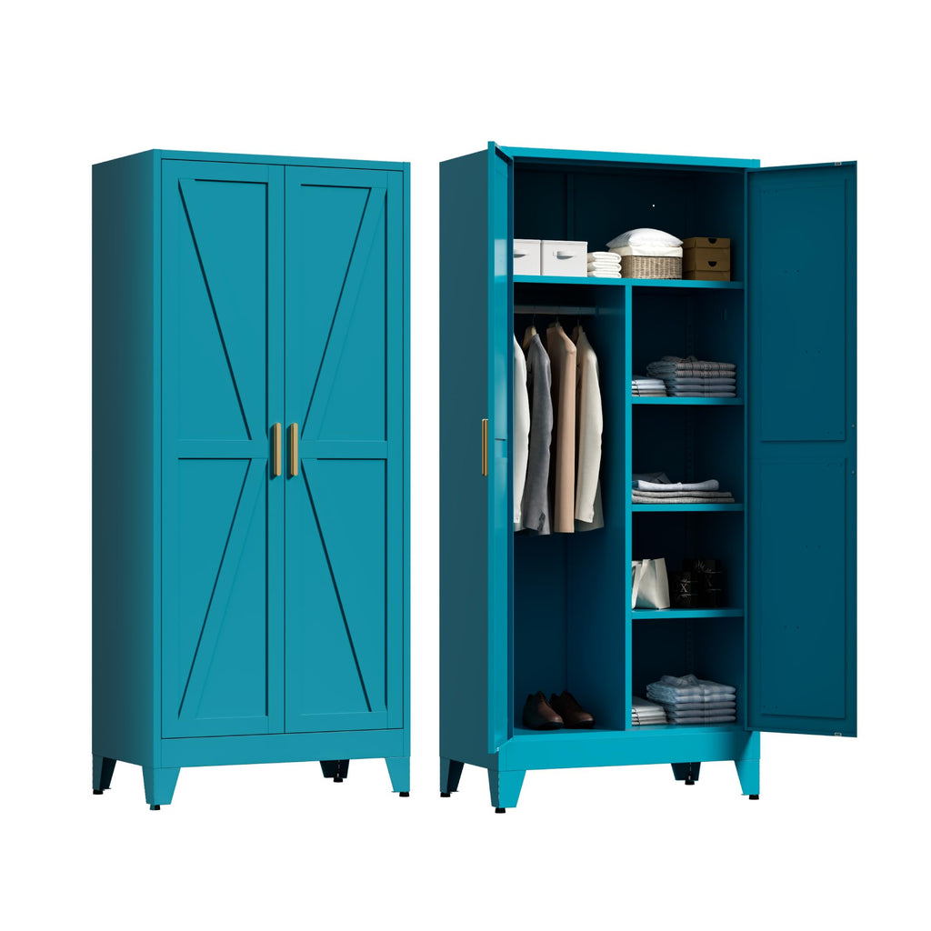 71" Tall Metal Wardrobe Closet with Adjustable Shelves and Hanging Rod, 2 Doors Office Storage Locker Cabinet