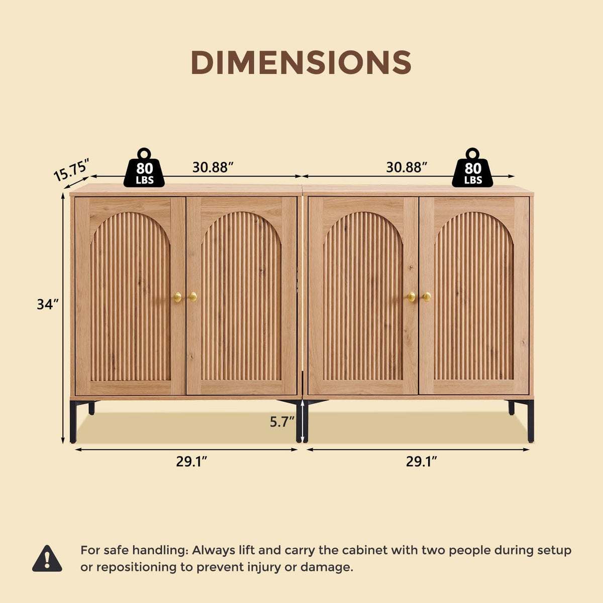 Modern Buffet Cabinet with Storage, 61.75" W Fluted Arched Sideboard Cabinet w/Adjustable Shelves