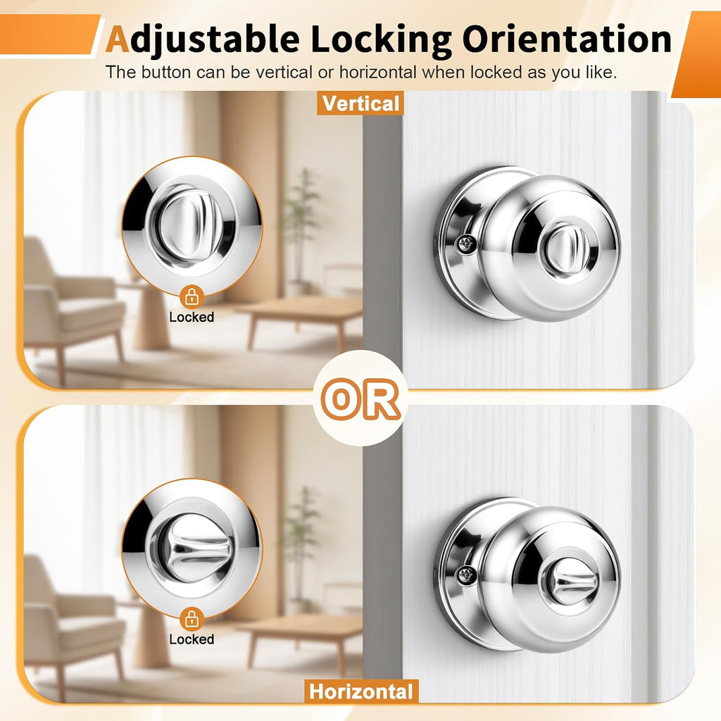Polished Chrome Privacy Door Knobs, Interior Door Lock Bedroom, Keyless Round Ball Knob Handle, Thumb-Turn Locking, 5