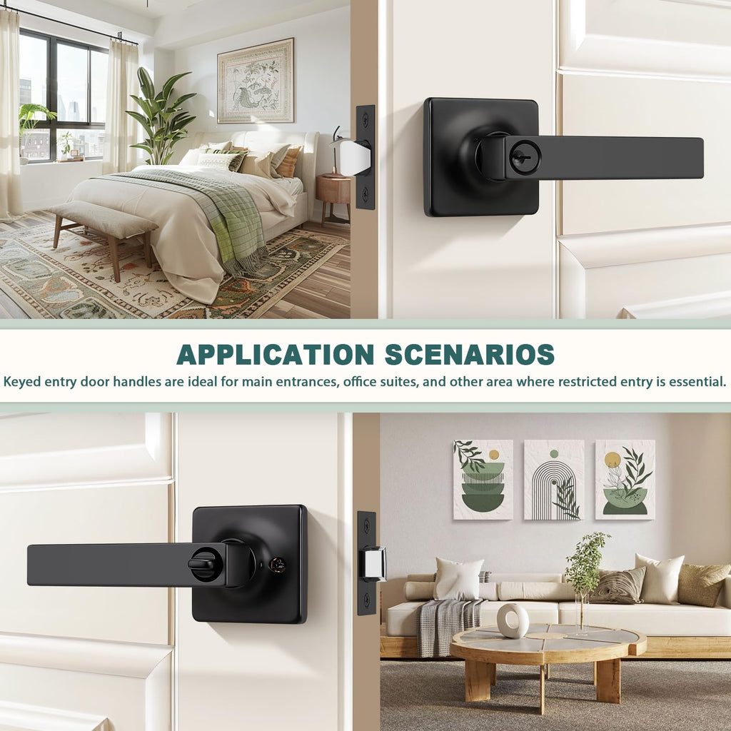 Keyed Alike Entry Door Handles with Lock and Keys, Matte Black Entry Door Lock Sets for Exterior & Interior Doors
