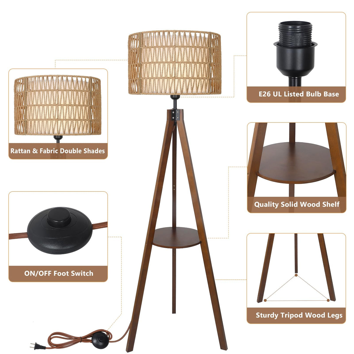 Boho Tripod Floor Lamp with Shelves, Mid Century Wood Standing Lamp with Rattan & Fabric Shades, ON/Off Foot Switch