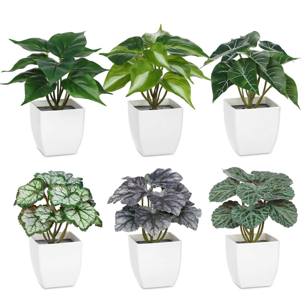 6PCS Fake Plants Potted Artificial Plants, Mini Faux Plants in White Pots Greenery Décor Table Shelf Bathroom