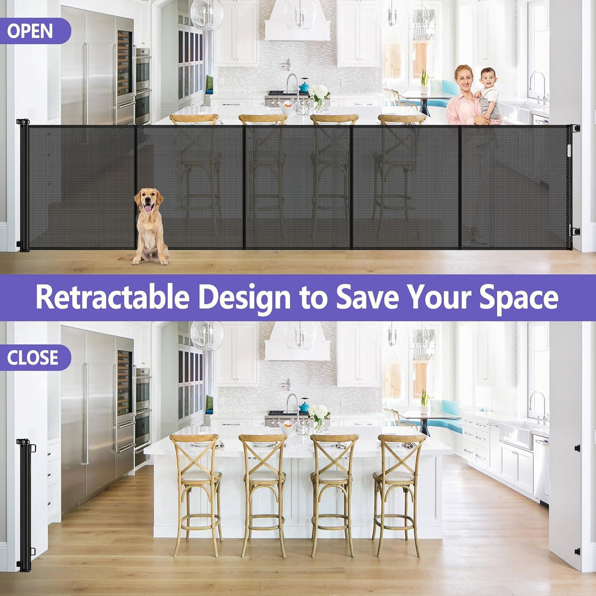 Reinforced 42" Tall Pet Gate 96" Wide Retractable Baby Gate, Indoor/Outdoor