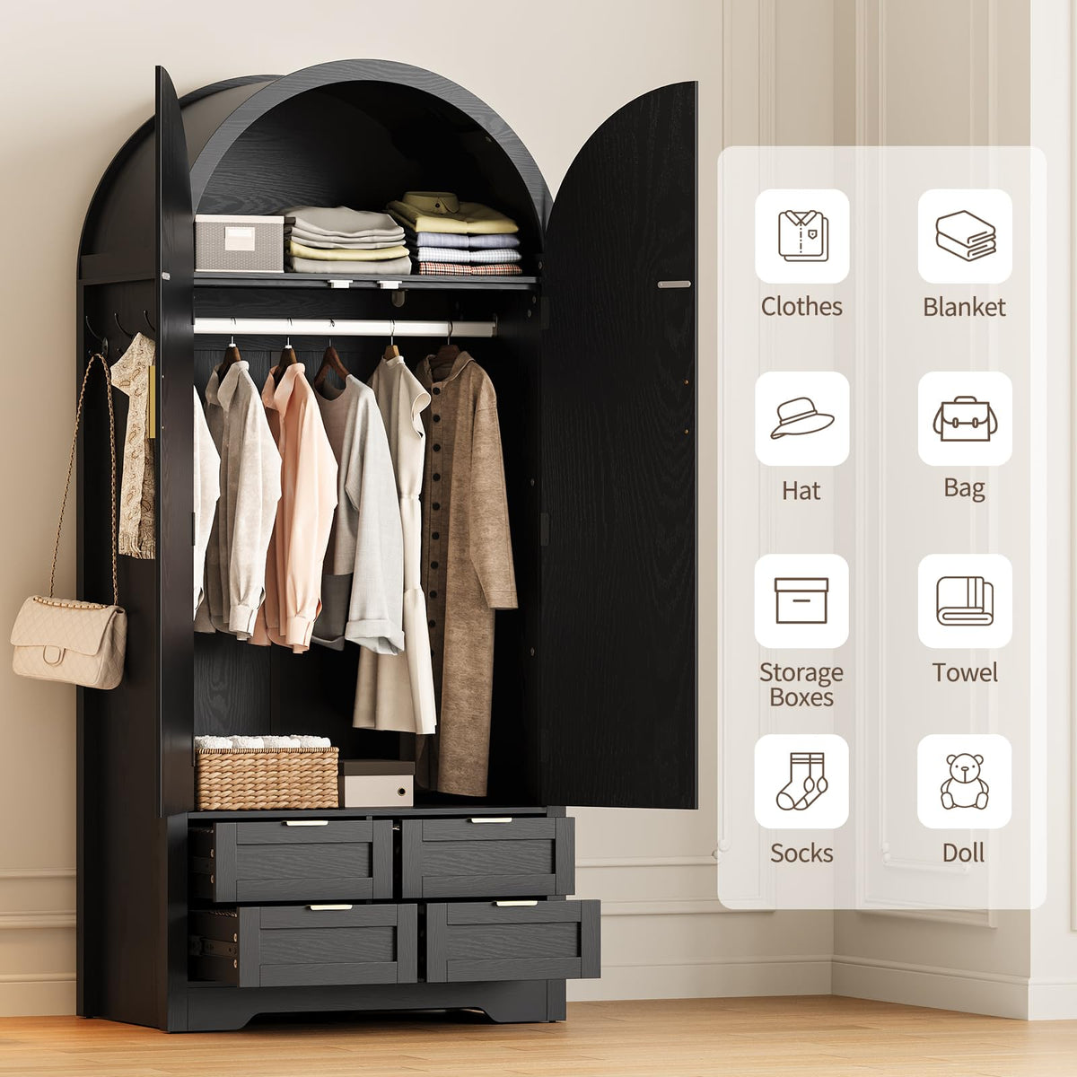 Armoire Wardrobe Closet with 4 Drawers - Wood Bedroom Armoires and Wardrobes with Rattan Doors for Hanging Clothes