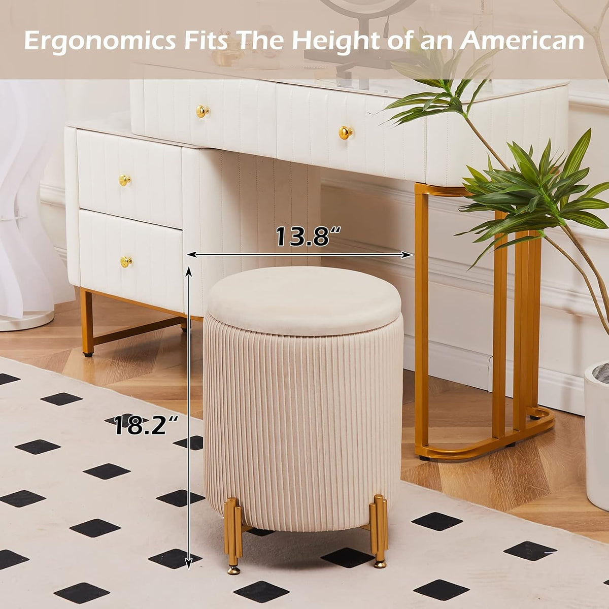 Round Ottoman Foot Stool with Storage and Metal Legs Bedroom, Velvet Upholstered Footrest Stool Support 300lbs Modern