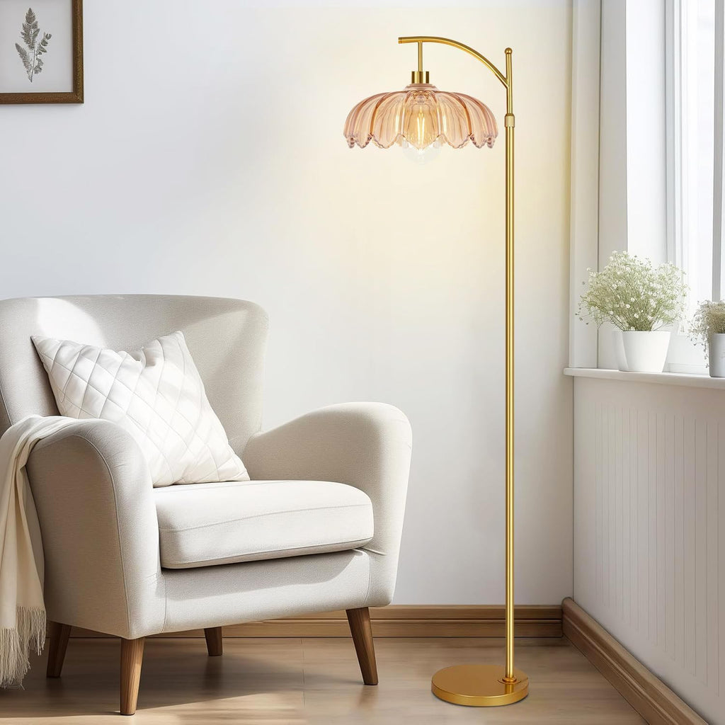 Arc Floor Lamp Gold Floor Lamp with Remote Control,Dimmable Floor Lamps With Glass Lampshades,Mid Century Modern