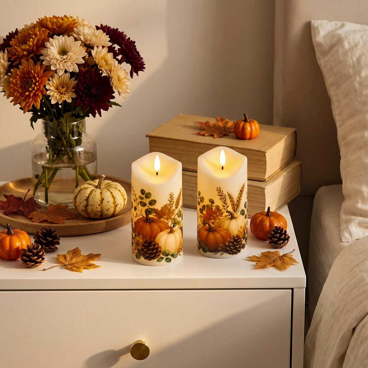 Fall Decor, Flameless Pumpkin Pillar Candles with Remote