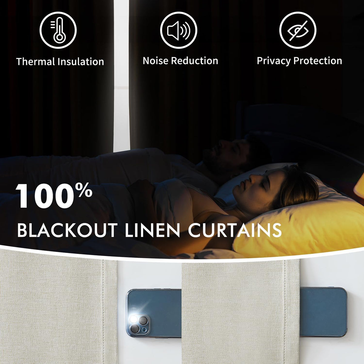 Linen Pinch Pleated 100% Blackout Curtains for Bedroom 2 Panels Set - Back Tab Track Cream Black Out