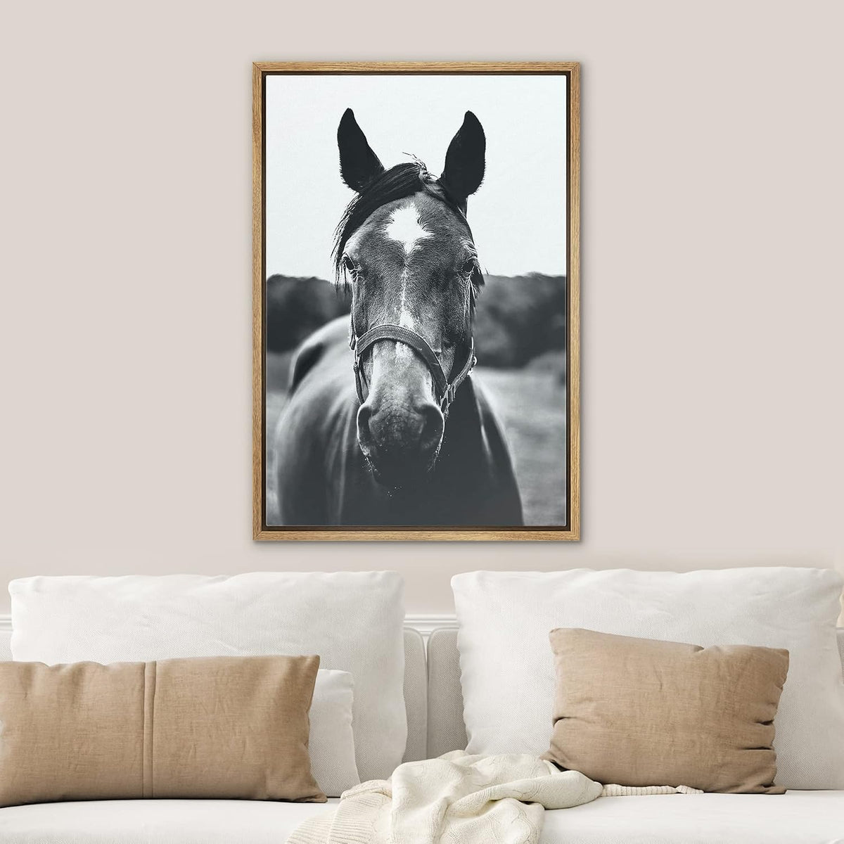 Framed Canvas Wall Art High Contrast Horse Animals Black and White Duotone Expressive Grey Horse Living Room