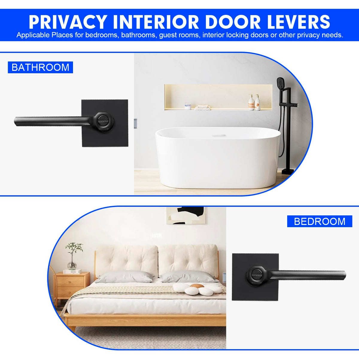 Privacy Door Levers, 1 Pack Black Door Handles Heavy Duty Bed and Bath Door Knobs Interior Keyless Door Locksets