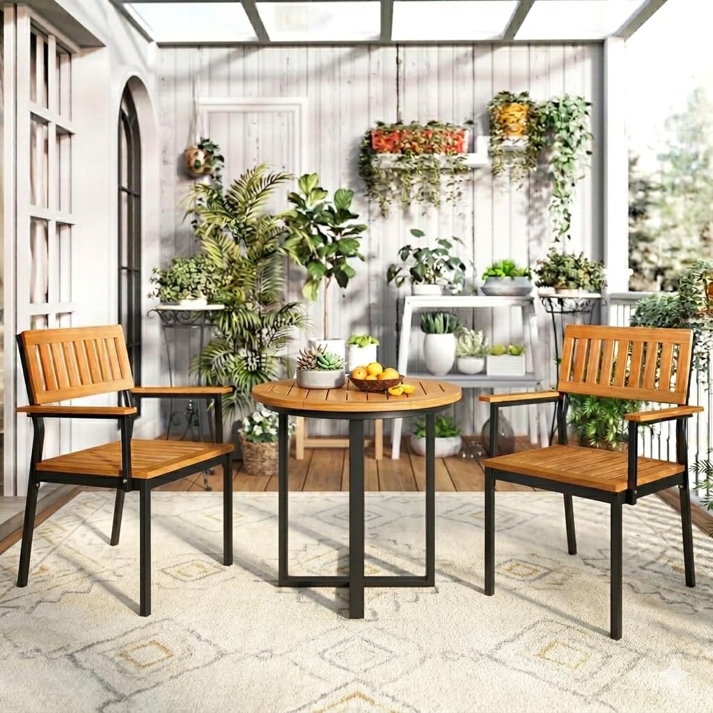 Patio Dining Chair Set of 2, Outdoor Acacia Wood Chairs with Metal Frame, All-Weather Bistro Chairs, for Indoor Lawn