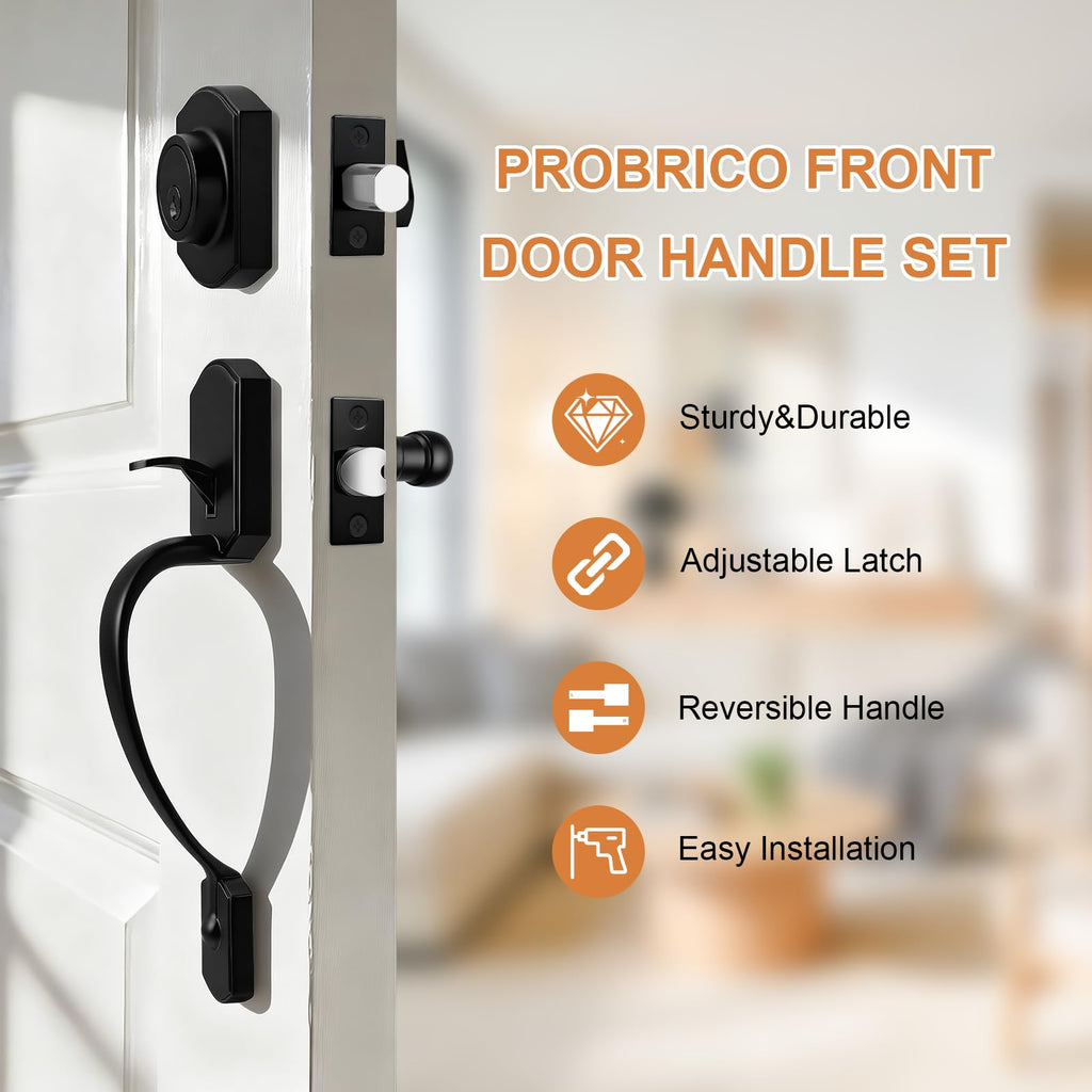 Front Door Lock Handle and Deadbolt Set,Matte Black Exterior Door Lever with Reversible Handle,Front Door Hardware