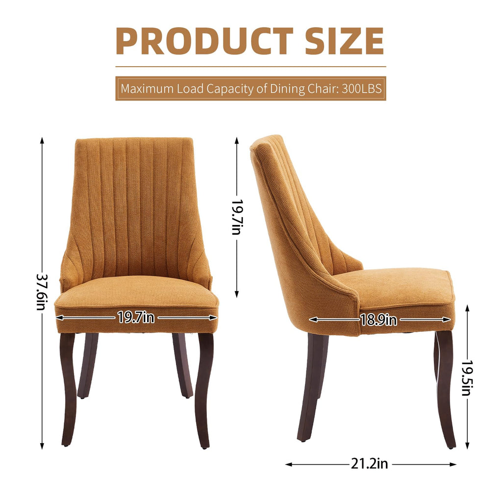 Gold Fabric Upholstered Dining Chairs Set of 6, Curved Solid Wood Legs