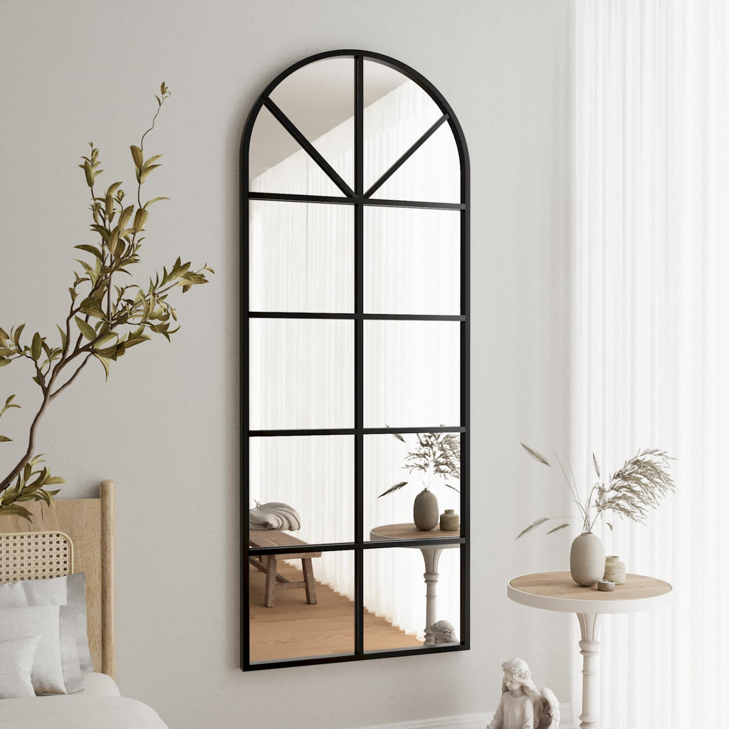 Floor Full Length Mirror, Arch Top Window Pane Mirror, 56"x22" Black