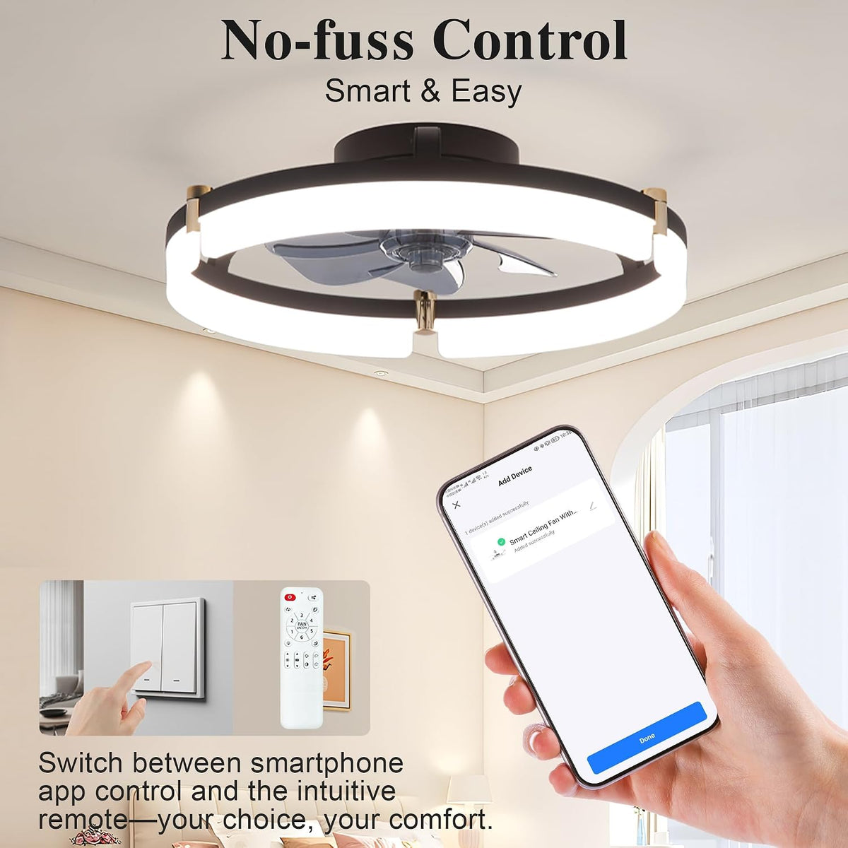 20" Smart Flush Mount Ceiling Fan with Light & Remote