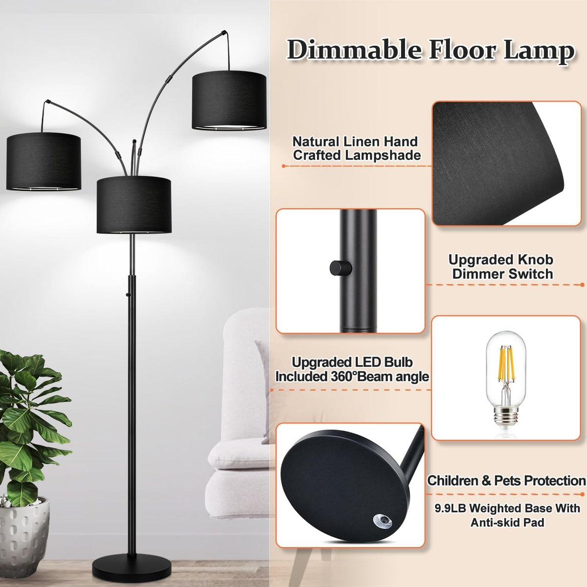 Dimmable Floor Lamp - 3 Lights Arc Floor Lamps, 1000LM Modern Tall Standing Lamp With Black Shades & Heavy Base, Mid