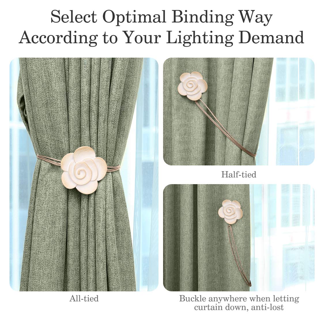 Magnetic Curtain Tiebacks, Flower Vintage Curtain Holdbacks, Beige