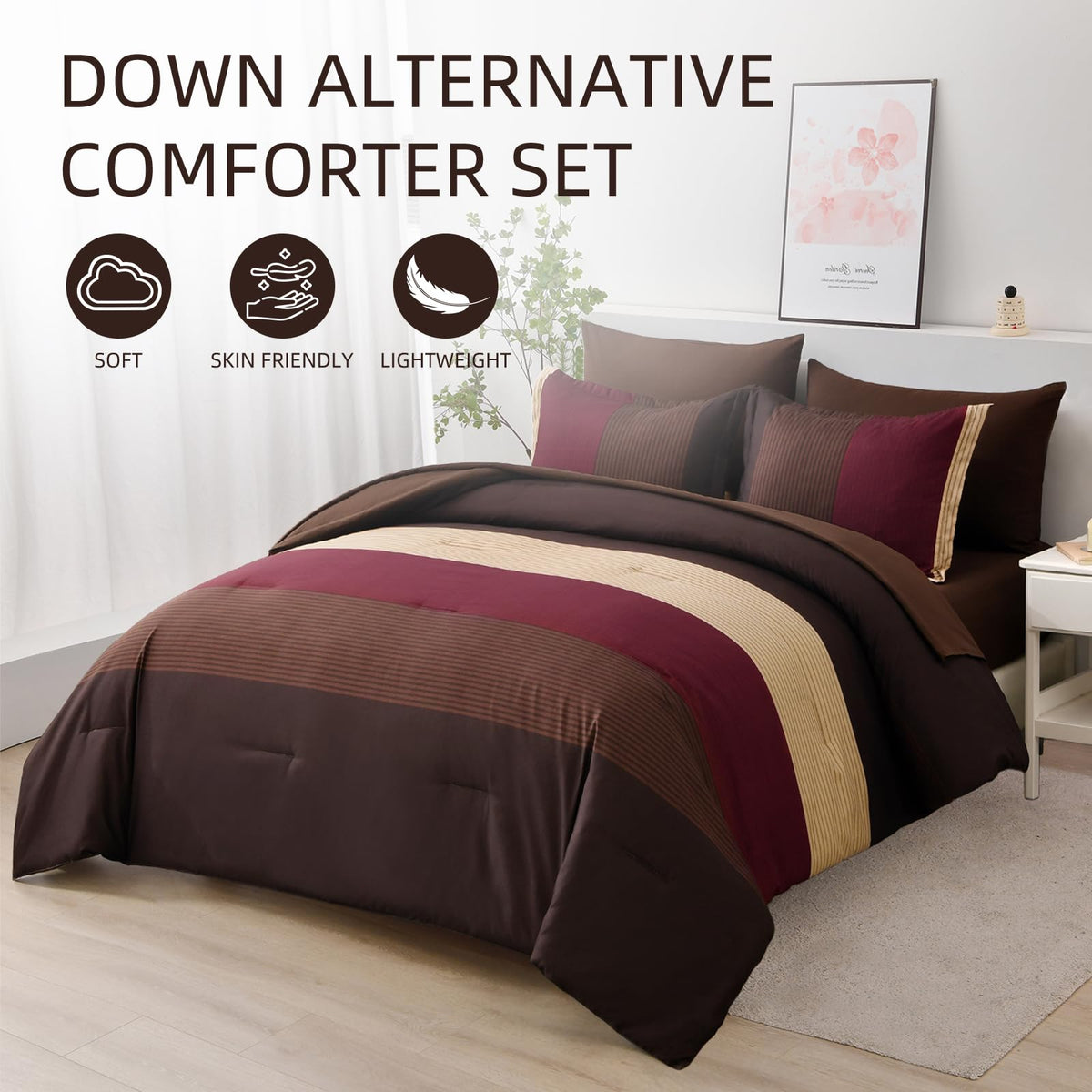 Red and Brown Comforter Set, Boho Burgundy Striped Bedding Comforter Set 7 Piece Bed in a Bag, Soft