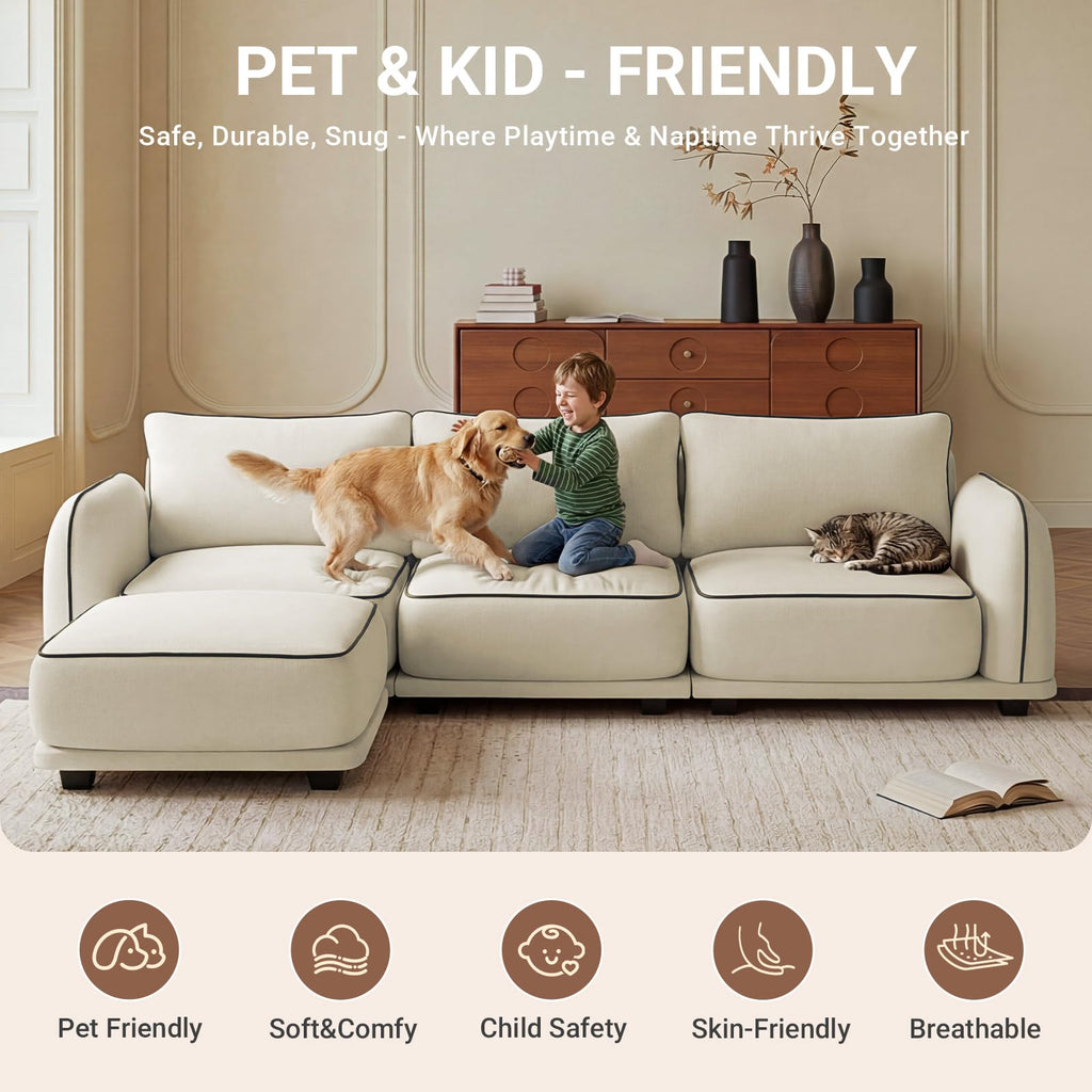 104 Inch L Shaped Modular Sectional Sofa, 4 Seater Modern Cloud Chenille Comfy Couch with Movable Ottoman & 3 Back