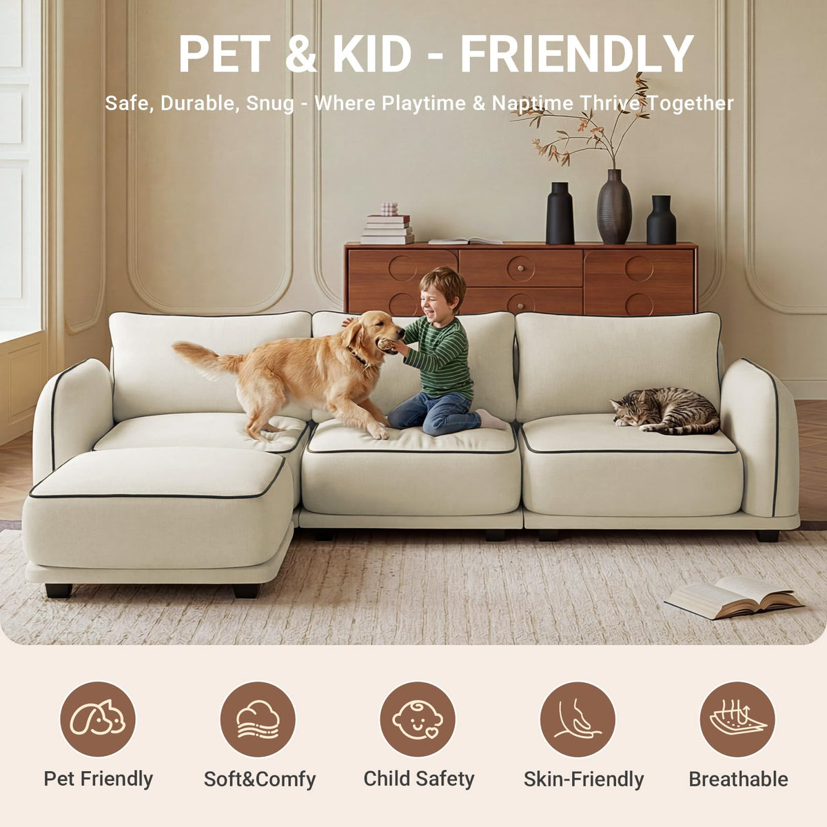 104 Inch L Shaped Modular Sectional Sofa, 4 Seater Modern Cloud Chenille Comfy Couch with Movable Ottoman & 3 Back