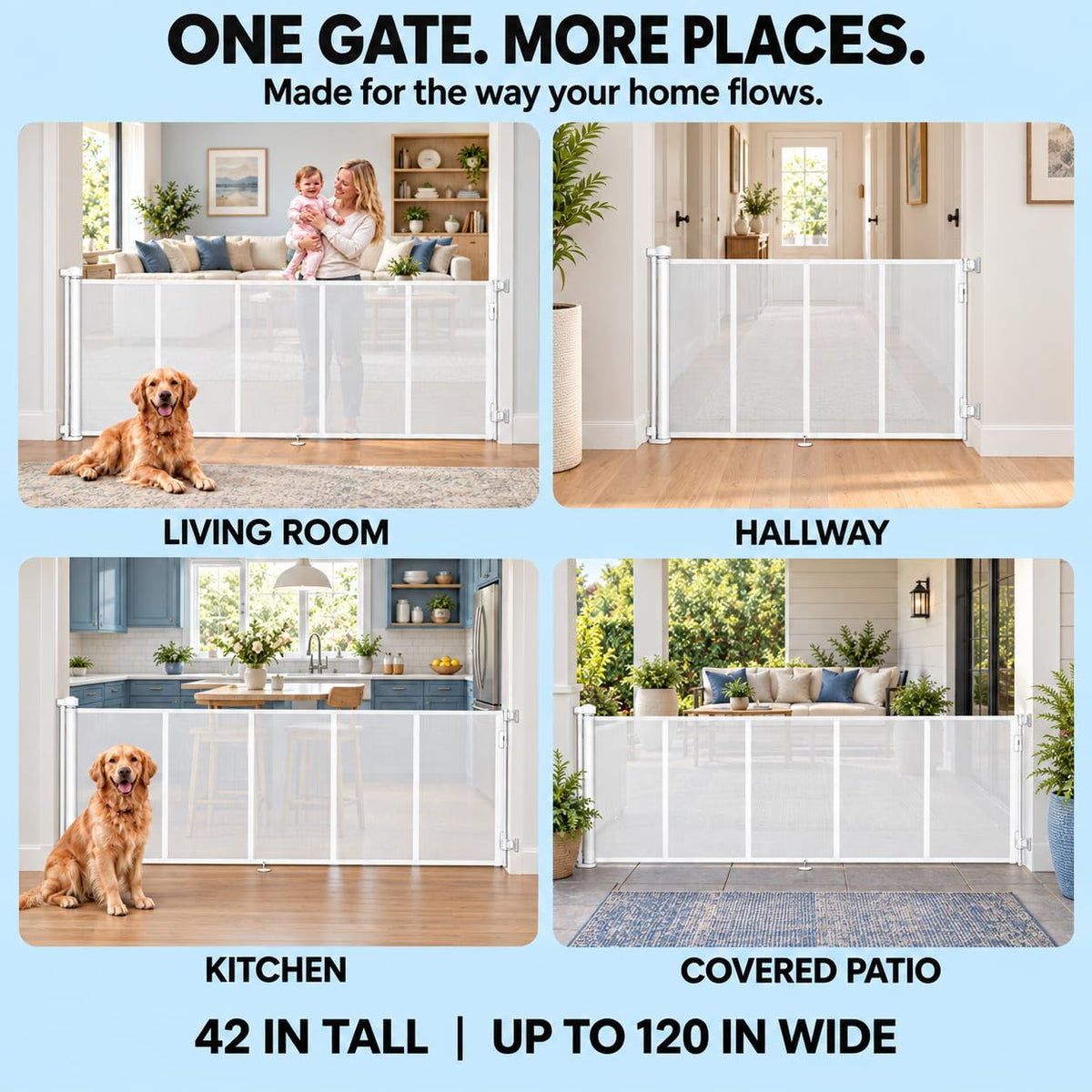 120" Extra Wide Retractable Baby Gate, 43" Tall Dog Gate for Stairs
