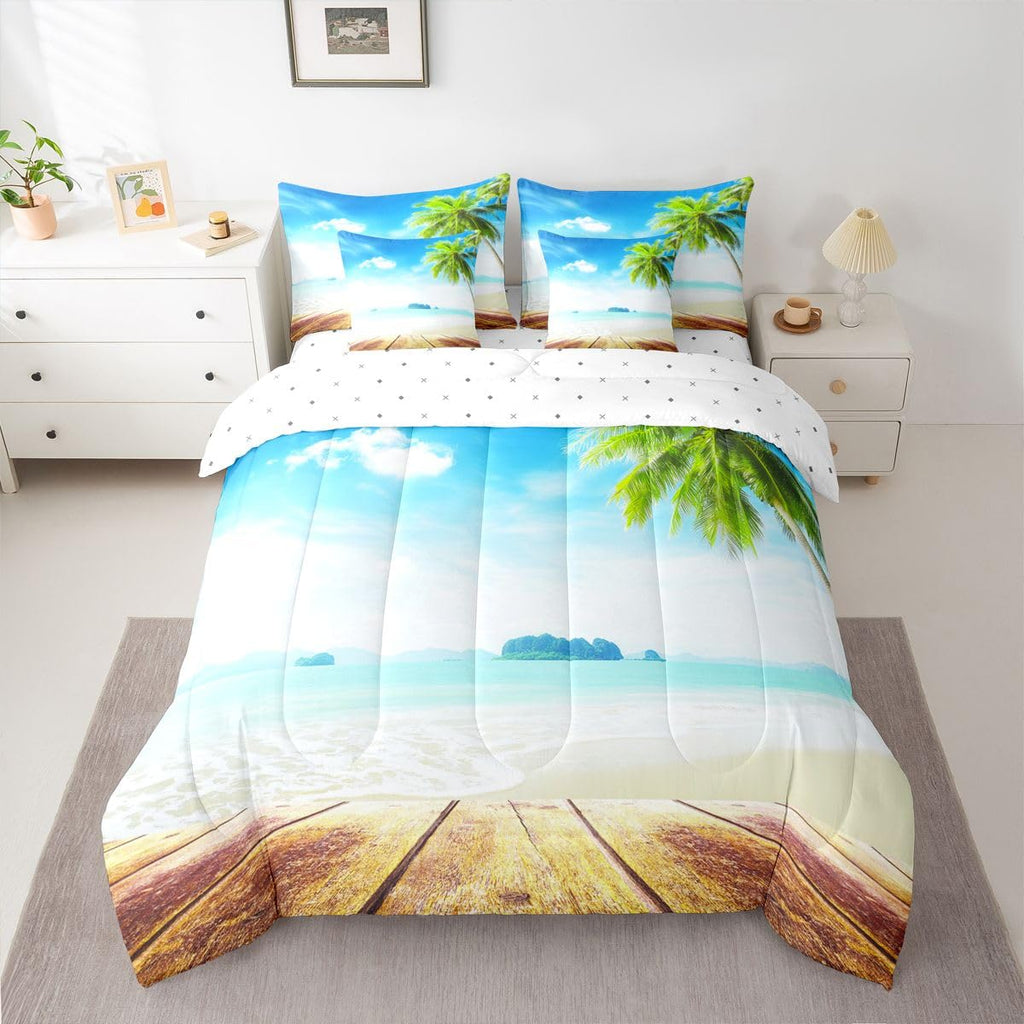 Beach Comforter Set 7 Pieces, Ocean Bed in A Bag, Tropical Palm Tree Hawaiin Bedding Set with Comforters