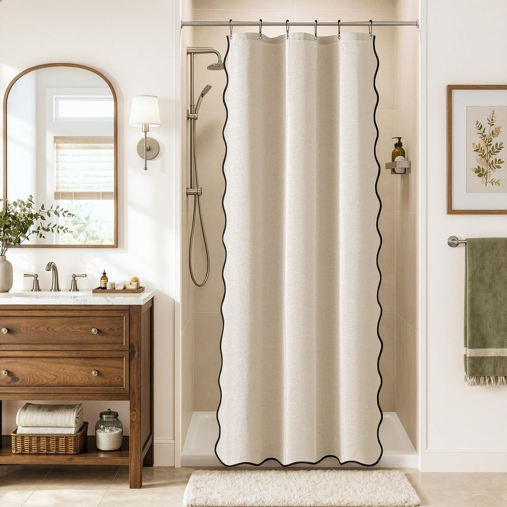 Cream Beige Small Stall Scalloped Linen Shower Curtain 36x72 Inches