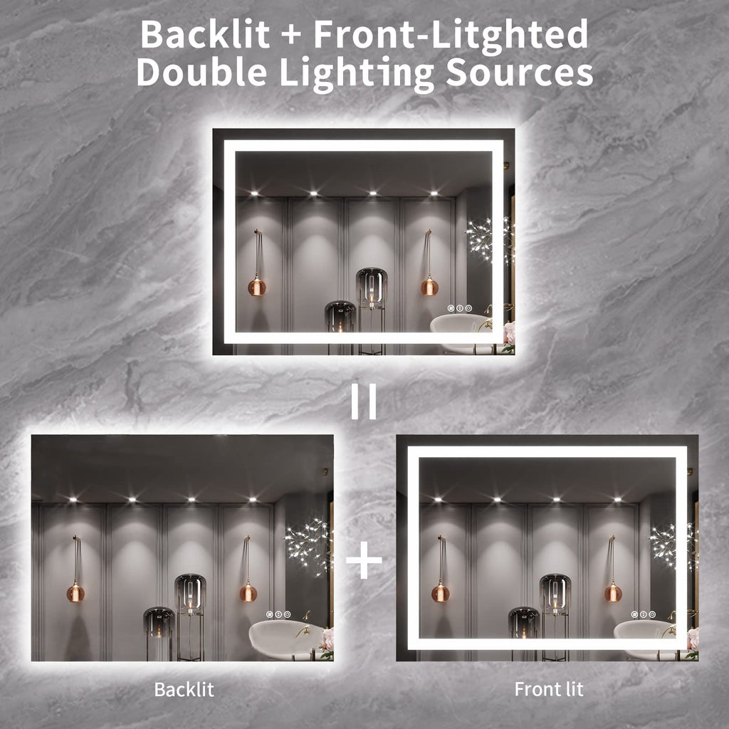 40X30 LED Bathroom Mirror with Lights, Anti-Fog, Dimmable, Backlit + Front Lit, Lighted Bathroom Vanity Mirror