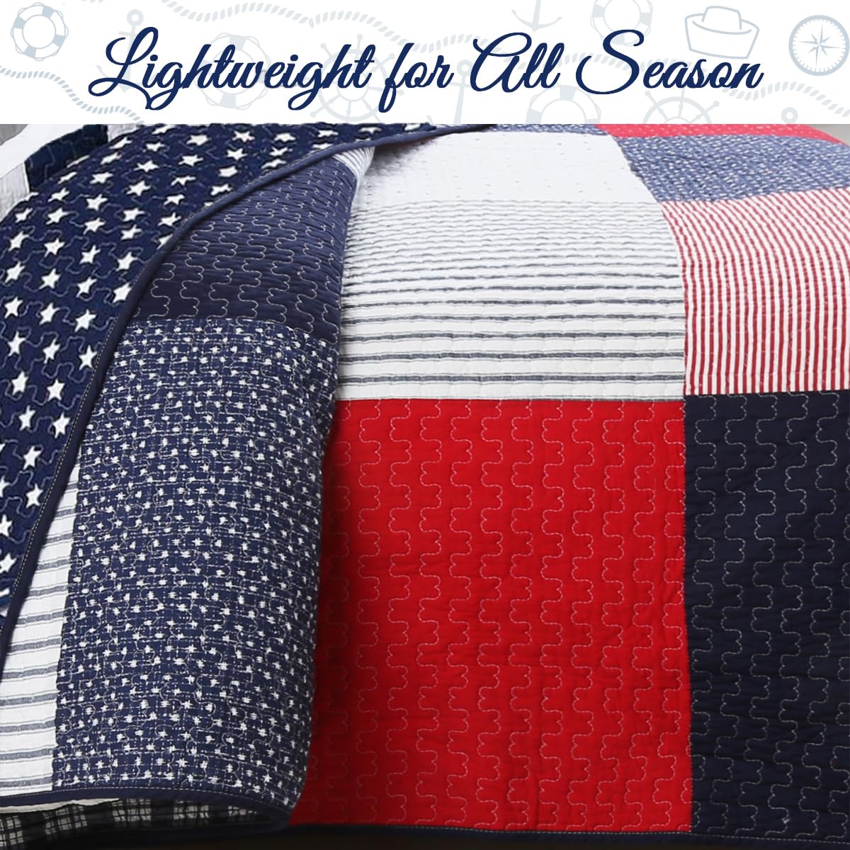 100% Cotton Sailor Navy Blue Star Striped Print Cotton Reversible Bedding Quilt Set (Patriotic Patchwork)