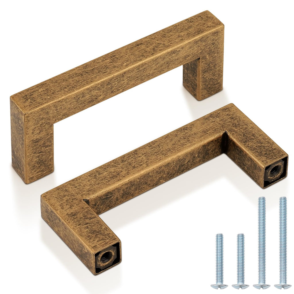 5 Pack 3 Inch (76mm) Hole Center Kitchen Square Cabinet Handles Antique Brass Dresser Drawer Pulls Vintage Brass