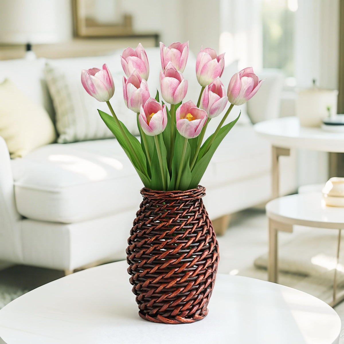 Artificial Tulips - 20" Long Stem Faux Tulips, 10PCS Real Touch Fake Pink Tulip for Vase, Farmhouse, Kitchen, Spring