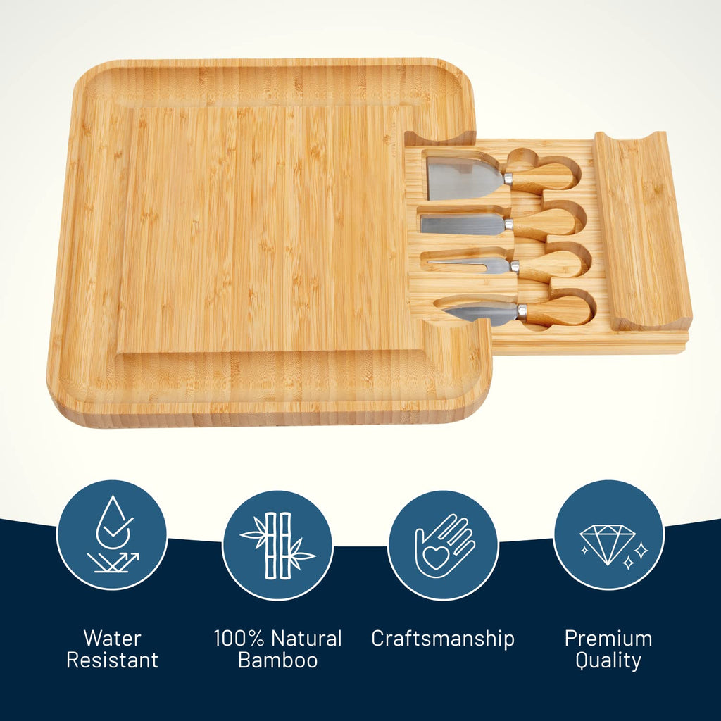 Bamboo Cheese Board and Knife Set with Slide-Out Cutlery Drawer