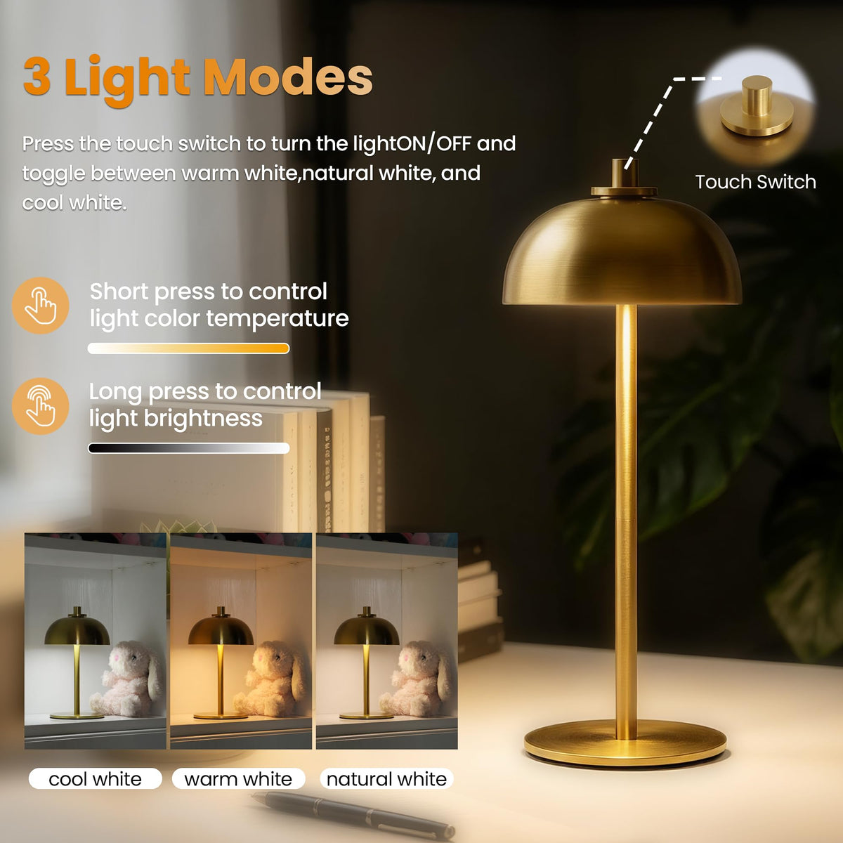 12" Mushroom Rechargeable Cordless Set of 2 Table Lamp, 5200mAh Touch Dimmable Battery Operated Table Light