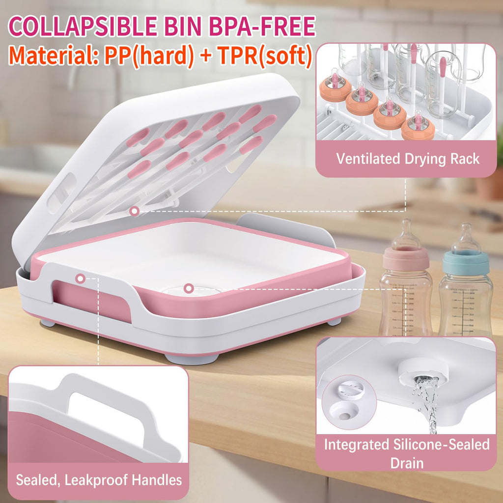 Collapsible Baby Bottle Wash Basin w/Drying Rack & Drain Plug, Pink