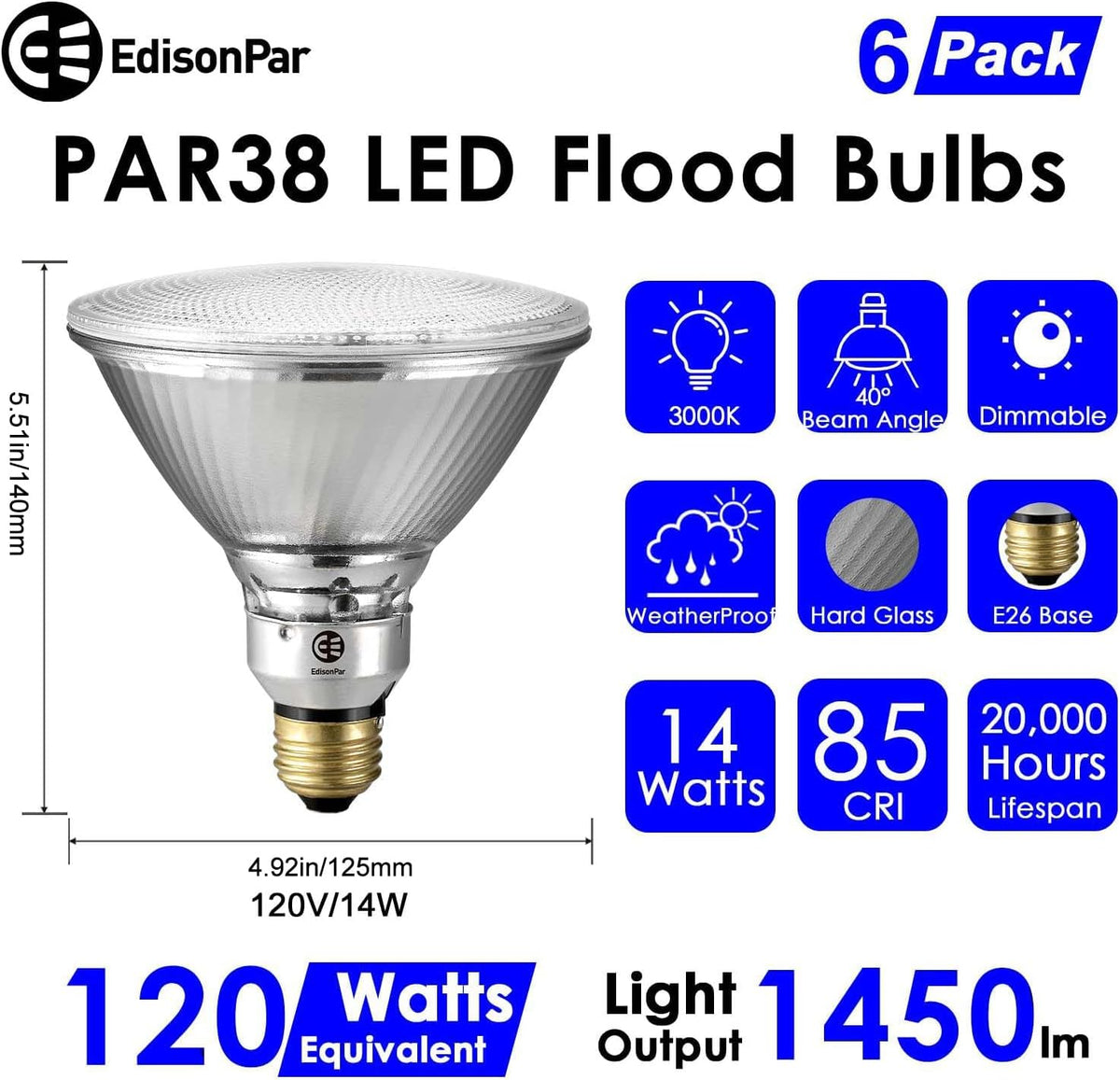 PAR38 Glass Commercial LED Light Bulb, 14W=120W Equivalent 1450 Lumens 20000 Hours Classic Flood Light Bulbs