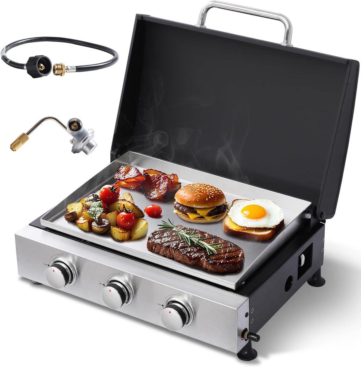 3-Burner Portable Tabletop Propane Gas Griddle with Stainless Steel Flat Top, Cast Iron Grates, 30,000 BTU Output for Camping, Tailgating, and Outdoor BBQ