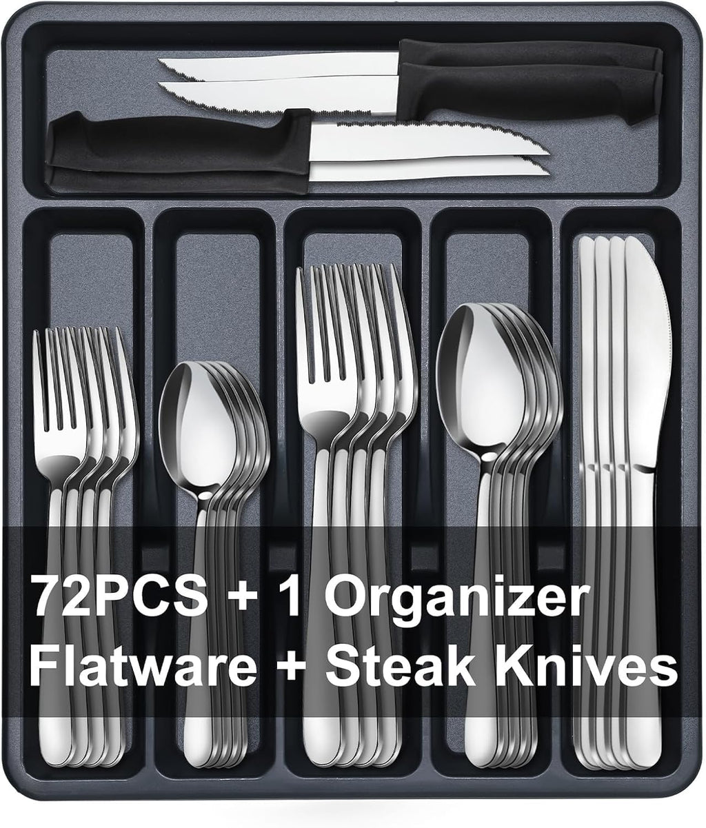 73-Piece Silverware Set with Organizer - Heavy Duty Stainless Steel Flatware Set Service for 12, Cutlery Utensil Sets