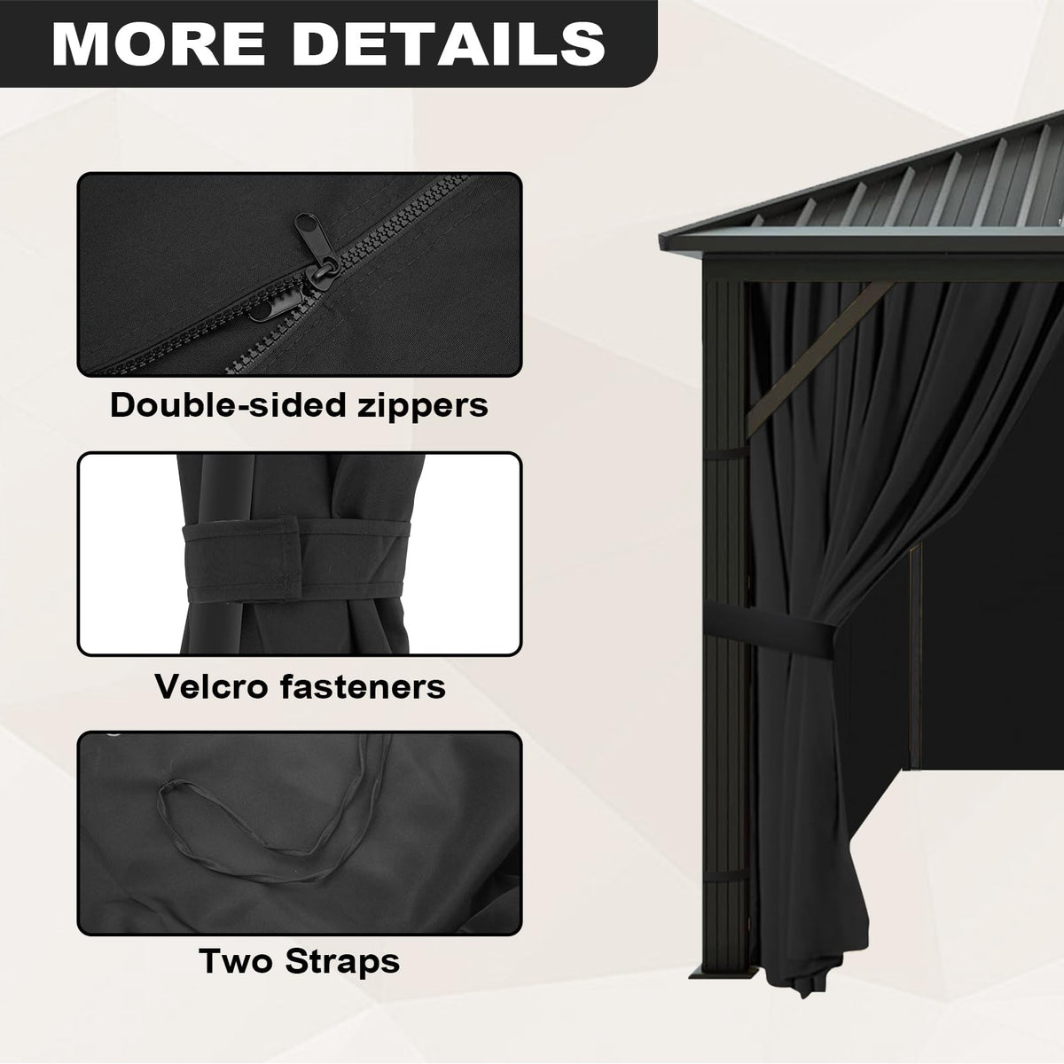 12x14 Gazebo Curtains Outdoor Waterproof, 4 Panel Sidewalls, Black
