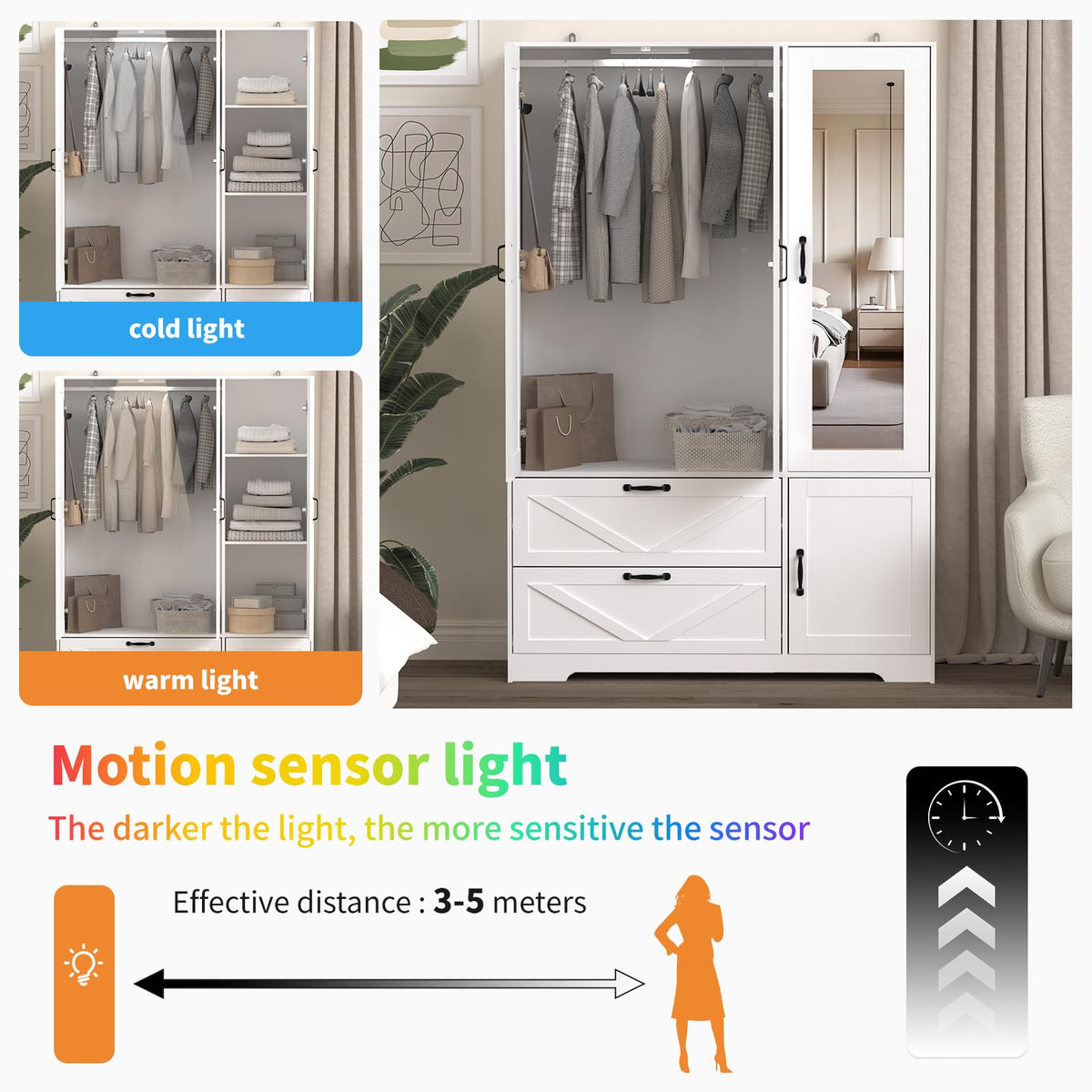 Armoire Wardrobe Closet with 3 Door, Bedroom Armoire with Mirror, LED Light, Hanging Rod, Drawers, Adjustable
