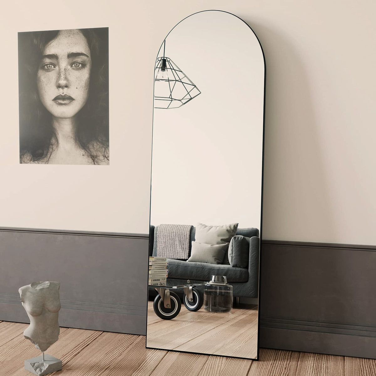 64"x21" Arch Full Length Mirror, Hanging or Leaning Arched-Top Full Body Mirror with Stand, Dressing Room, Black