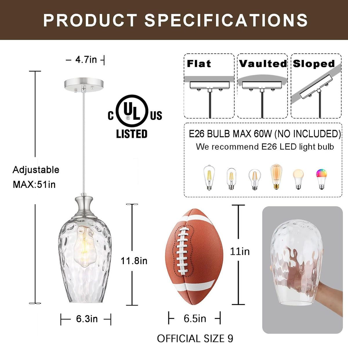 Glass Pendant Lights Kitchen Island 2 Pack, Brushed Nickel Pendant Light Fixtures with Hand-Blown Clear Glass, Modern