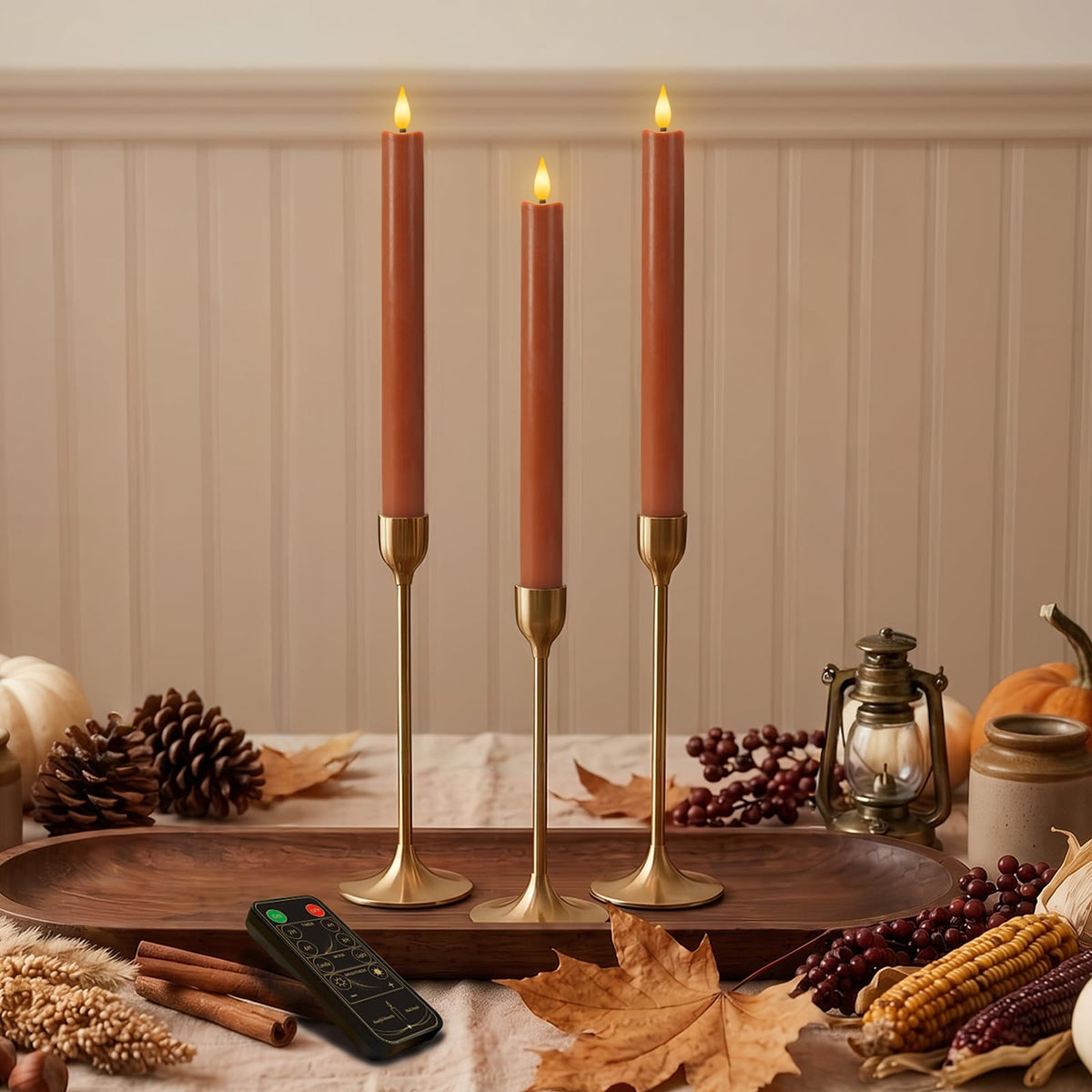 9.6 Inch Real Wax Flameless Taper Candles, Terracotta LED Candlesticks 3 Pcs with 3D Flame Remote and Timer, Battery