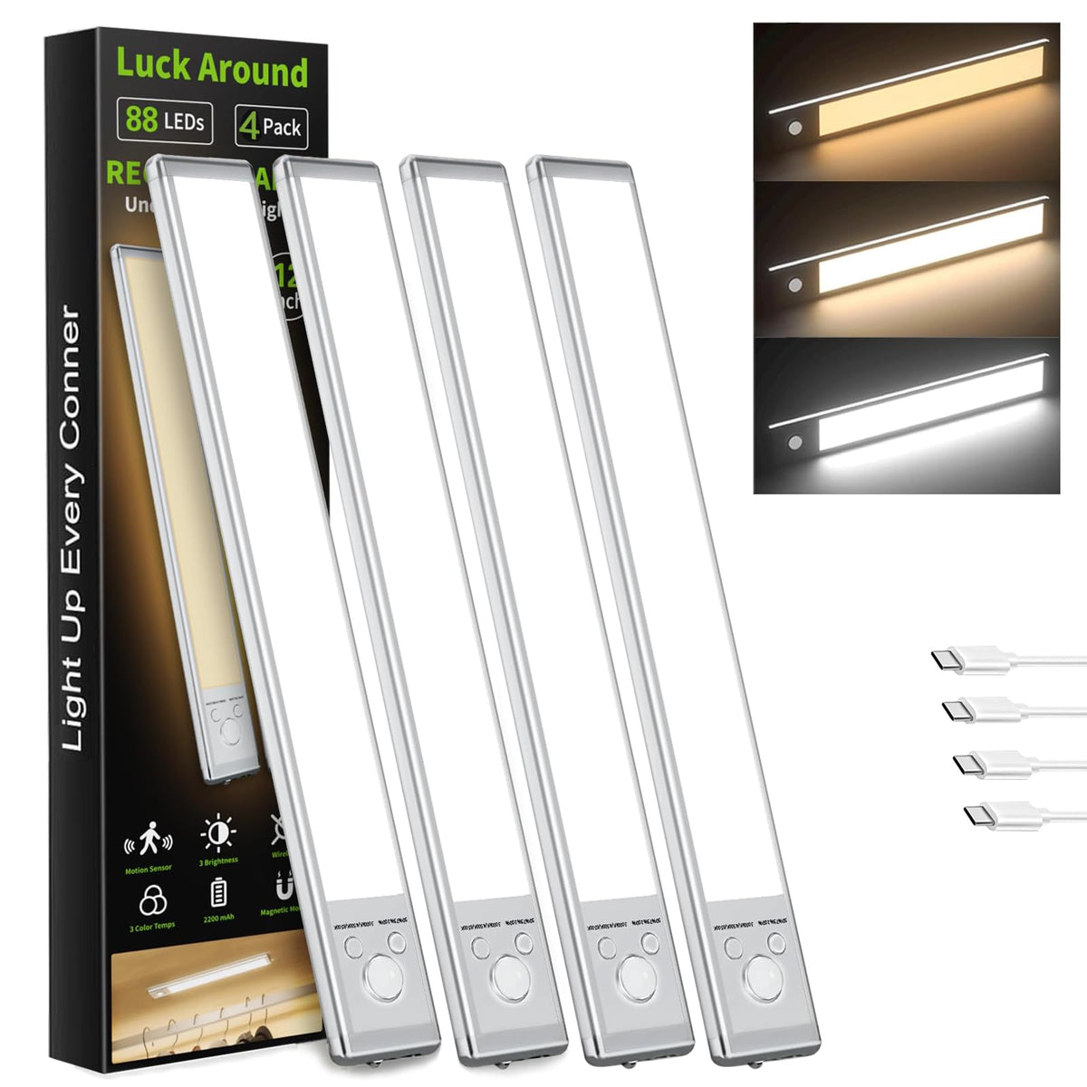 4 Pack Under Cabinet Lighting, 12in Rechargeable Motion Sensor Light Indoor