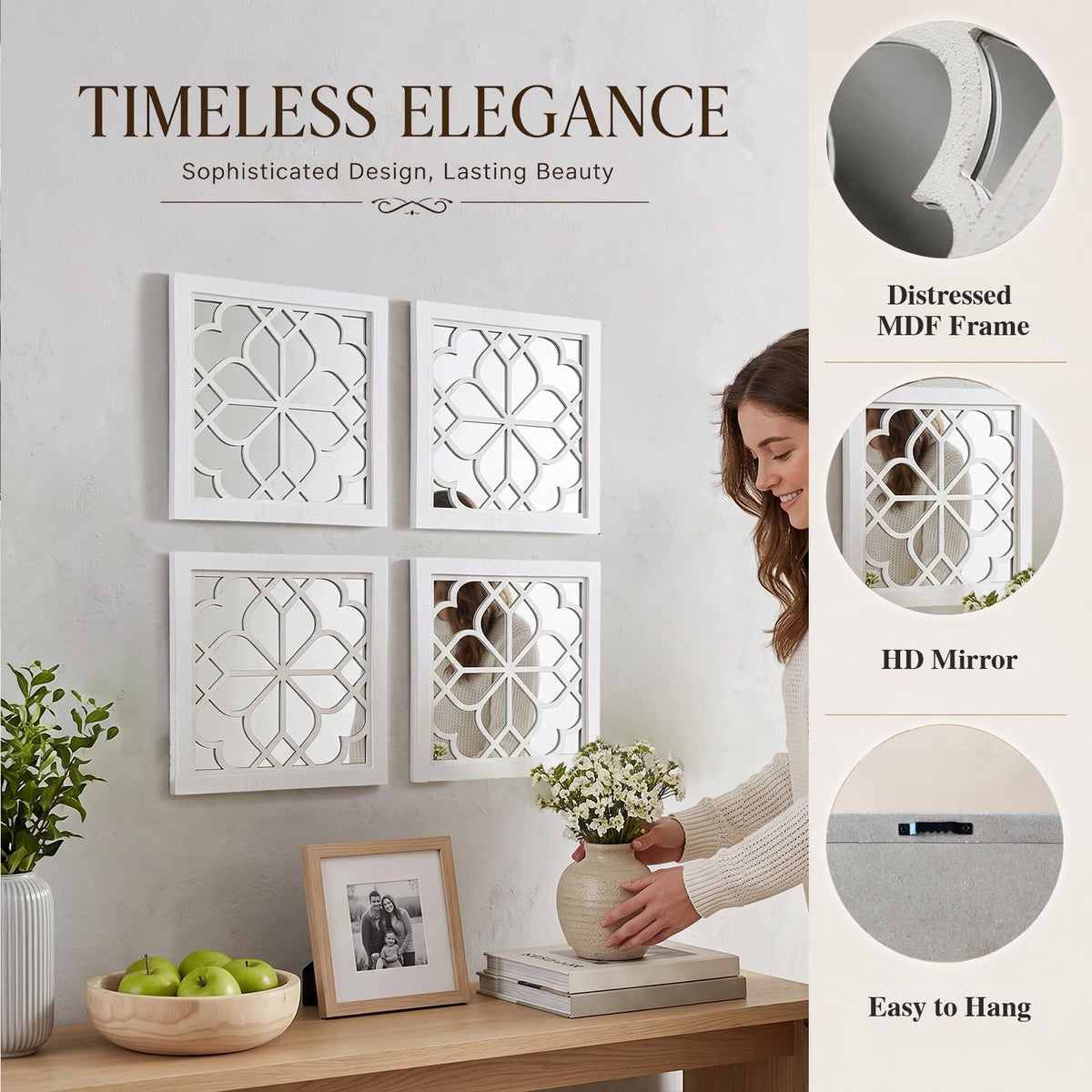 4 Set Rustic Wall Mirrors Bathroom Living Room Entryway Wood Farmhouse Square Easy to Hang Framed Decorative Accent