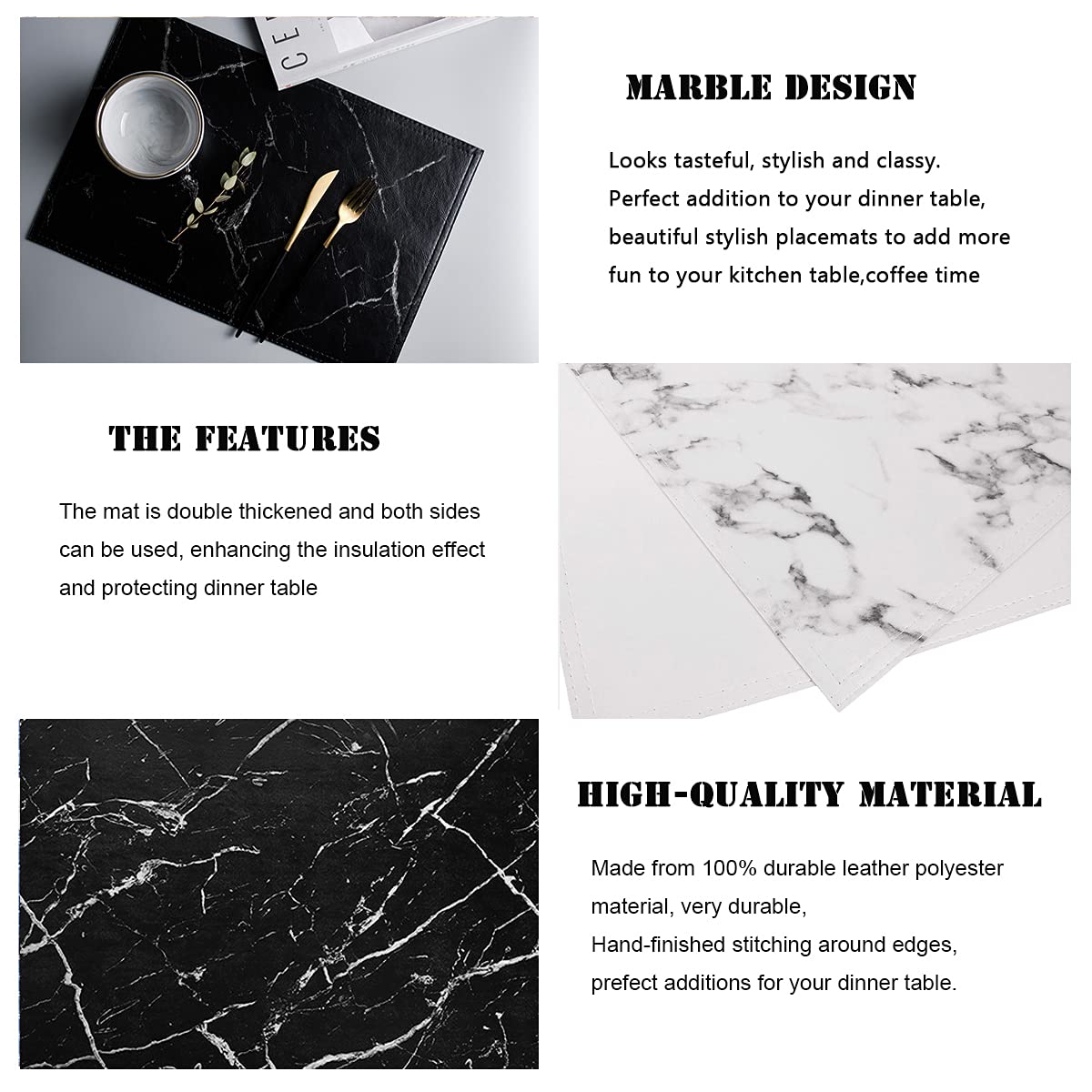 Marble Leather Placemats for Dining Table Waterproof Set of 4 Marble Decor Table Easy to Clean PU Place Mats for