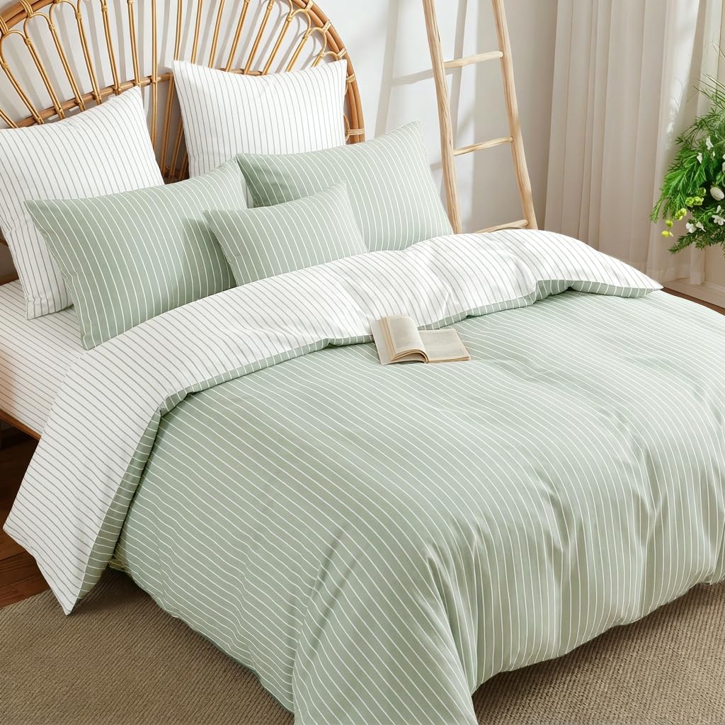 Striped Comforter Set Reversible Green White Stripe Bedding