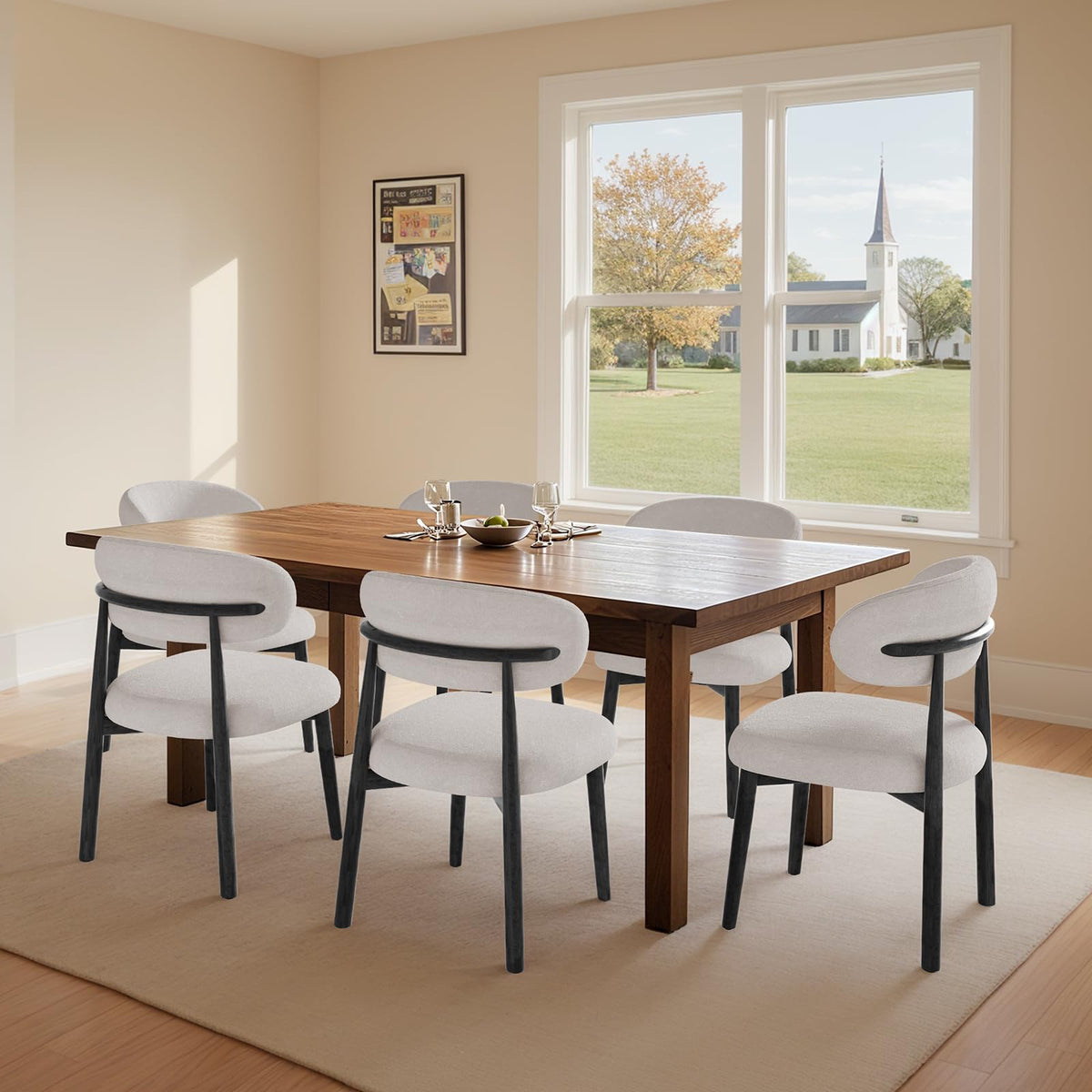 Farmhouse Set of 8, Mid Century Modern Fabric Upholstered Kitchen Chairs, Wooden Dining Room Chair with Curved Back
